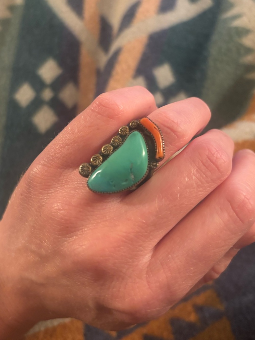 Vintage turquoise and coral H. CLAW ring
